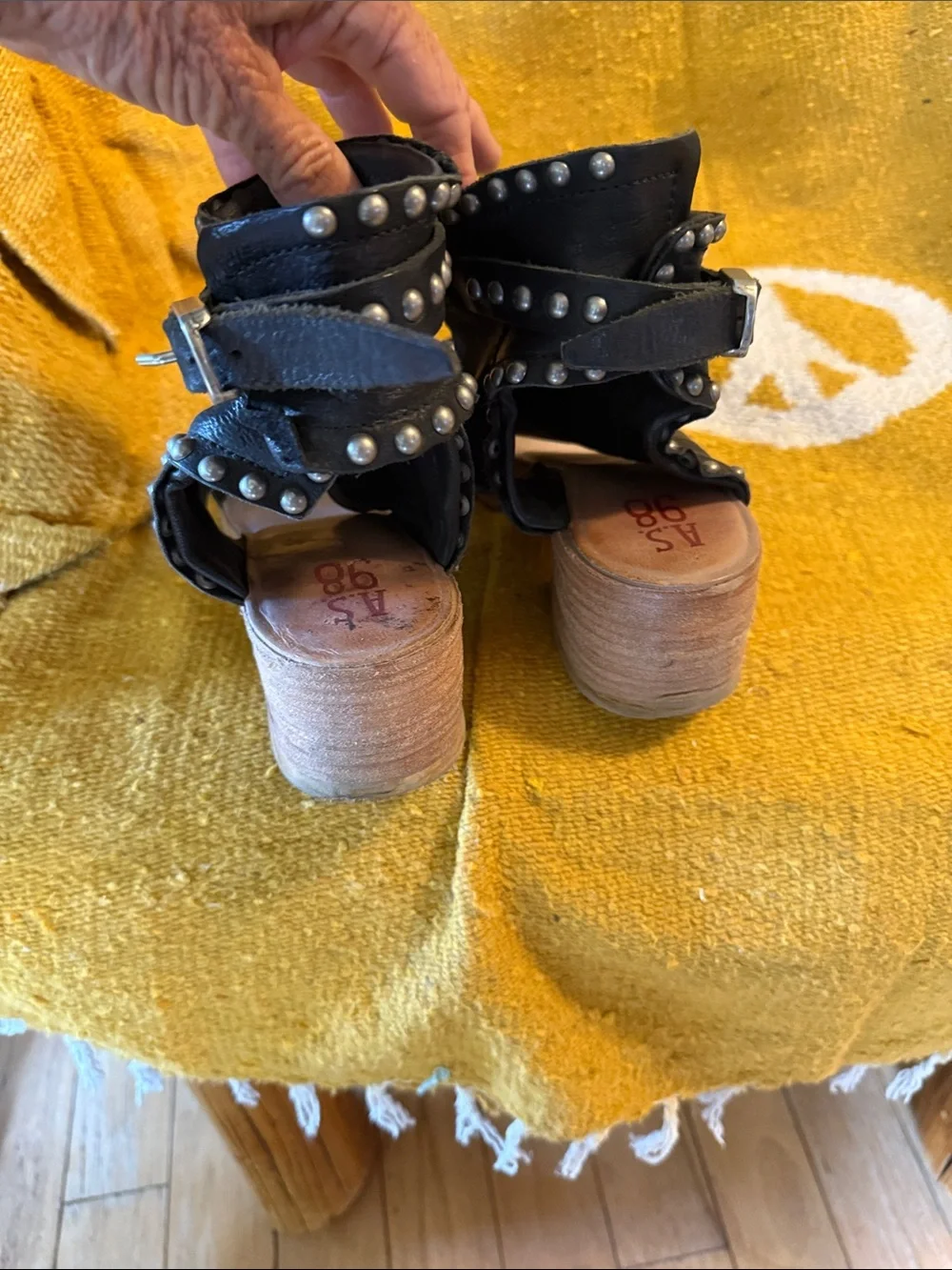 A.S.98 Black Studded Leather Wedge Sandals